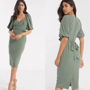 ASOS Design Wrap Front Midi Dress Puff Sleeves (Khaki) Size 8
